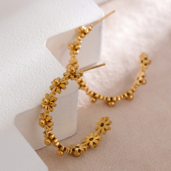 SS Round Flower Hoop Earrings - Picture 5 of 9